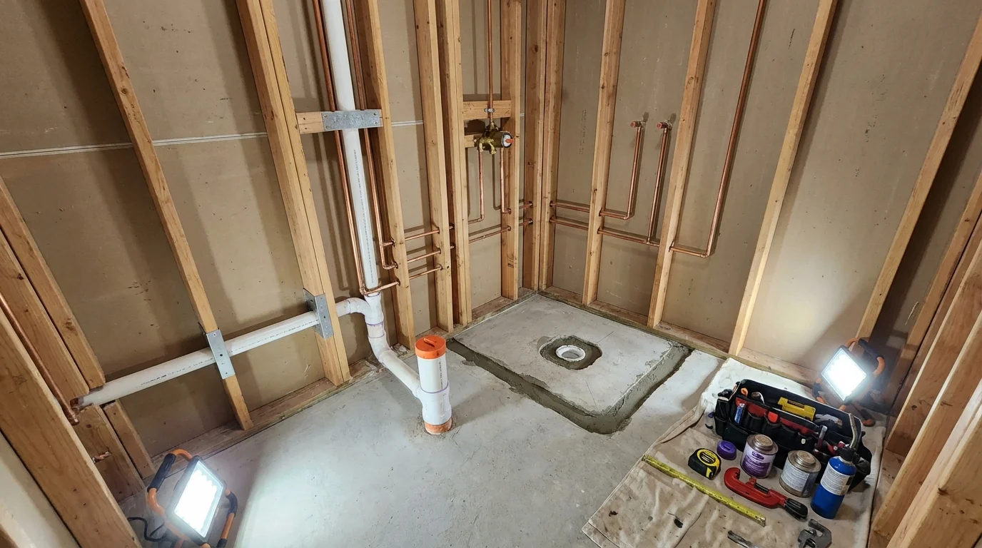 Bathroom rough-in plumbing during remodel by Johns Plumbing LLC in Saukville