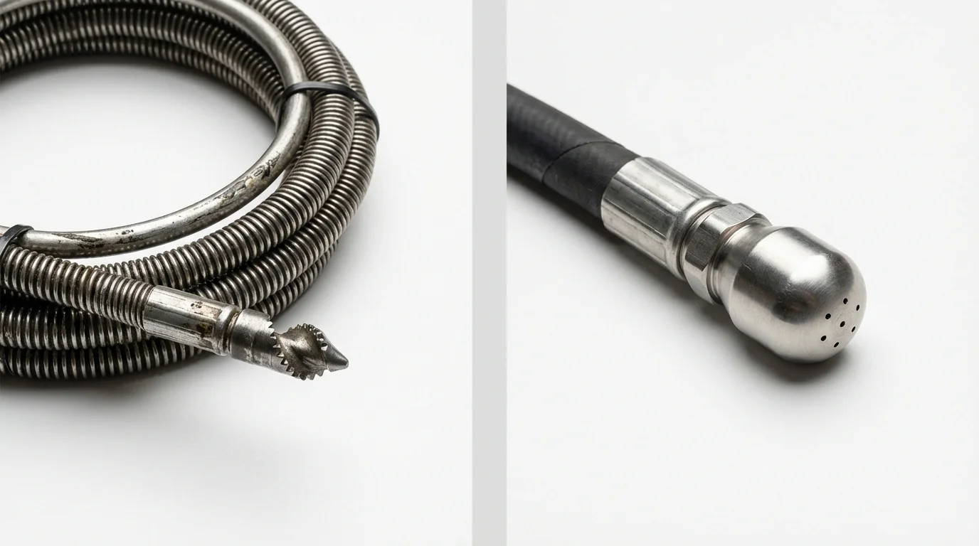 Drain snake cable and hydro jetting nozzle used for drain cleaning in Saukville, WI