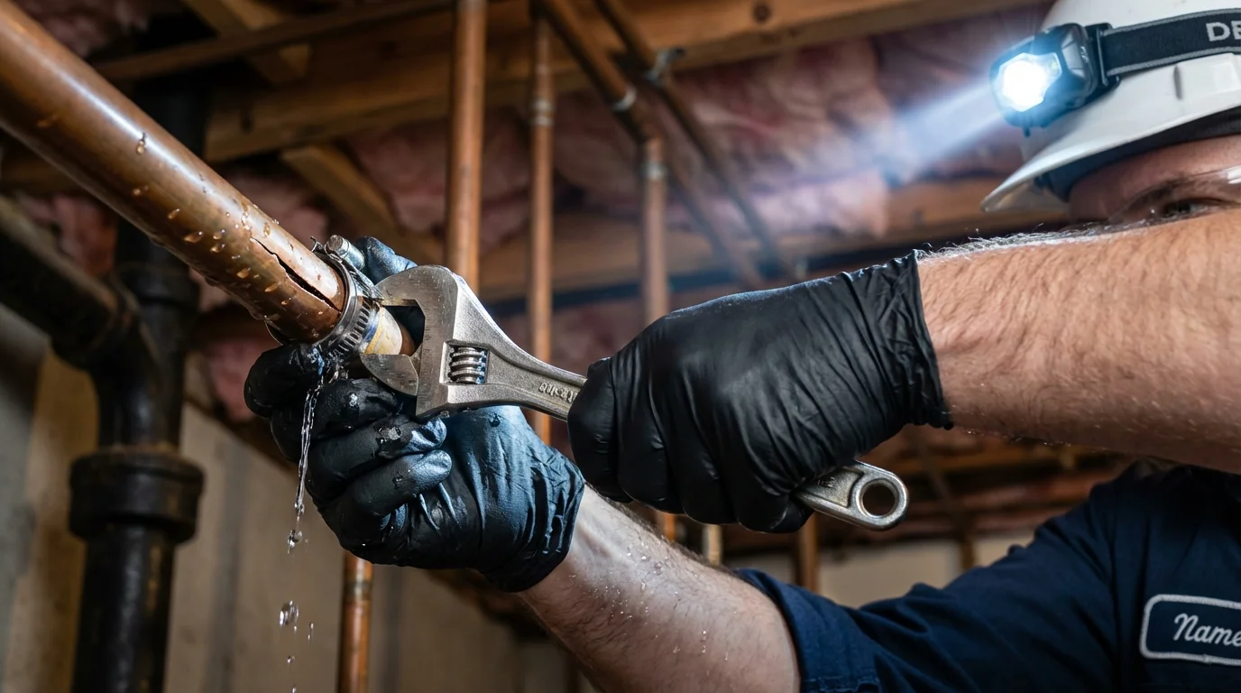 Emergency pipe clamp repair being performed by a Johns Plumbing LLC plumber in Saukville