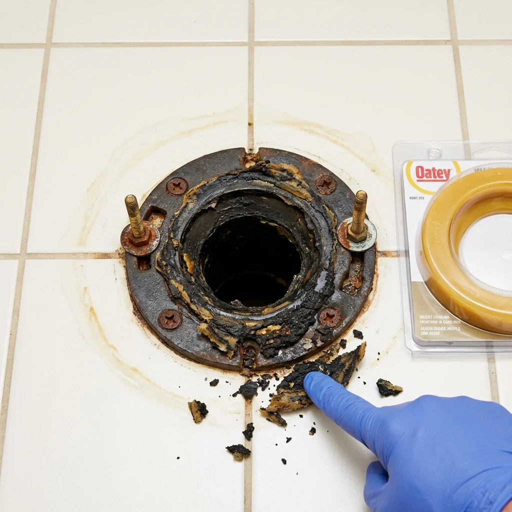 Failed wax ring showing water seepage at the base of a toilet in a Saukville, WI home