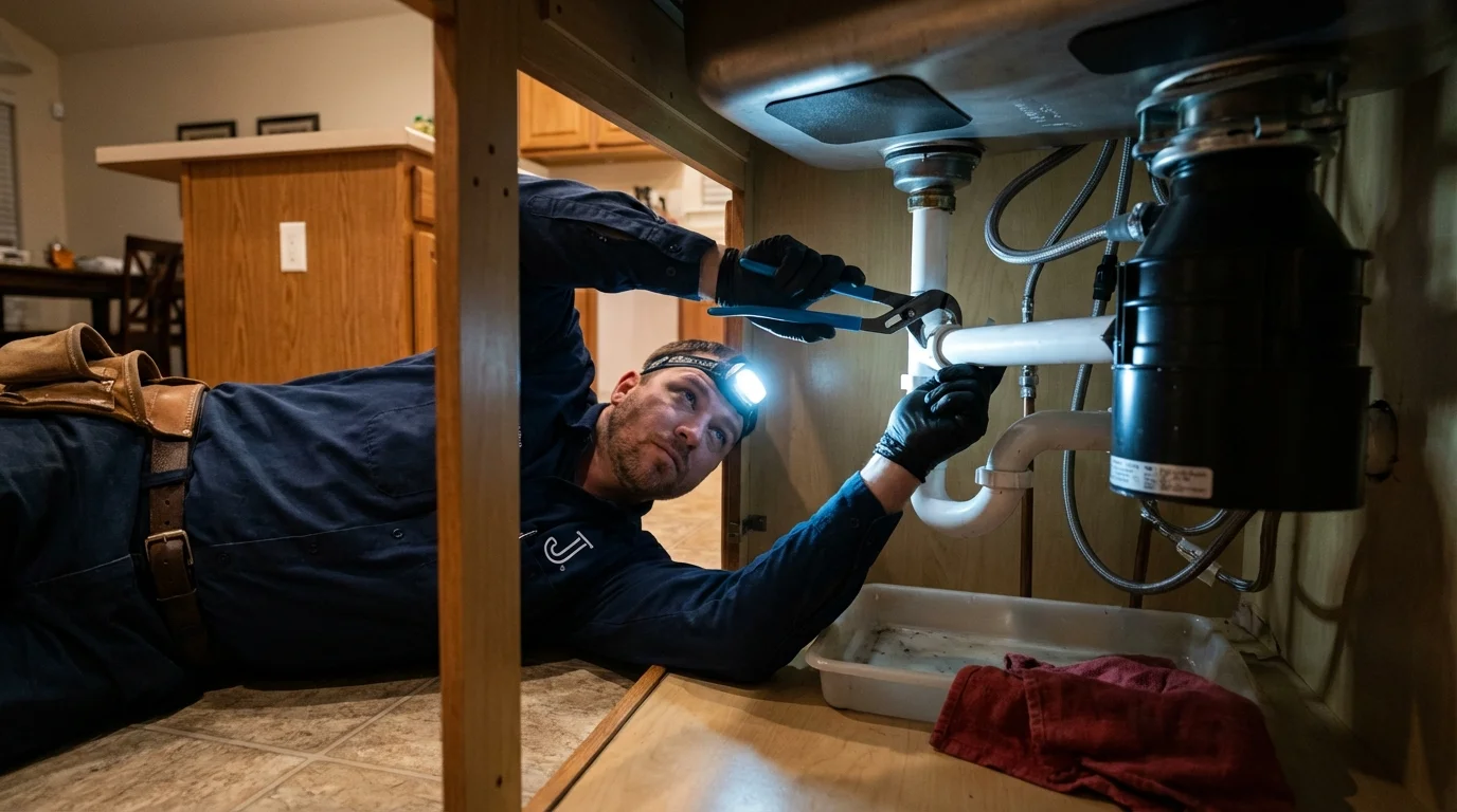 P-trap and supply line connections under a kitchen sink showing a common leak point in Saukville, WI